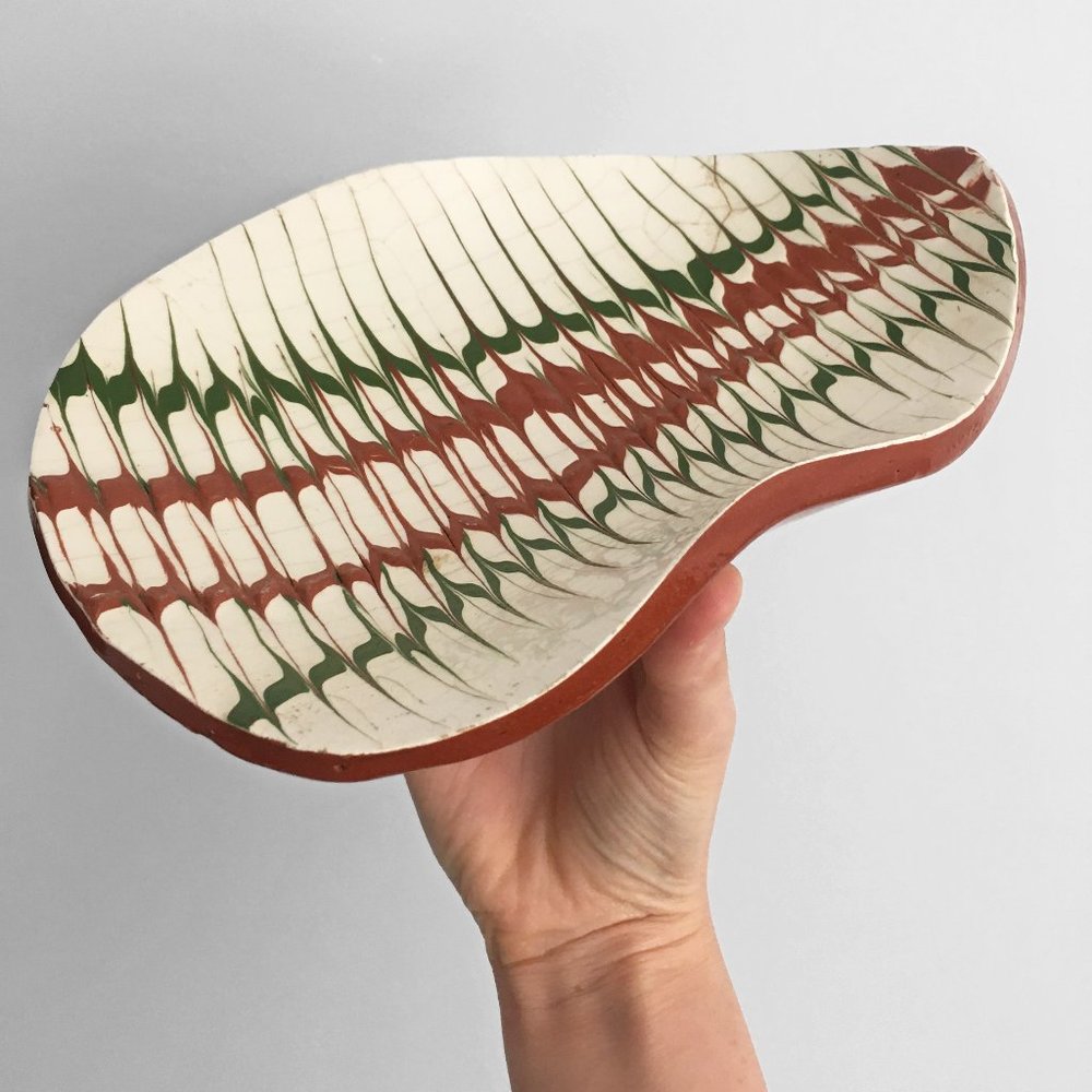 60s Ceramic Footed Dish with Swirled Marble Pattern, Handmade, Clearance